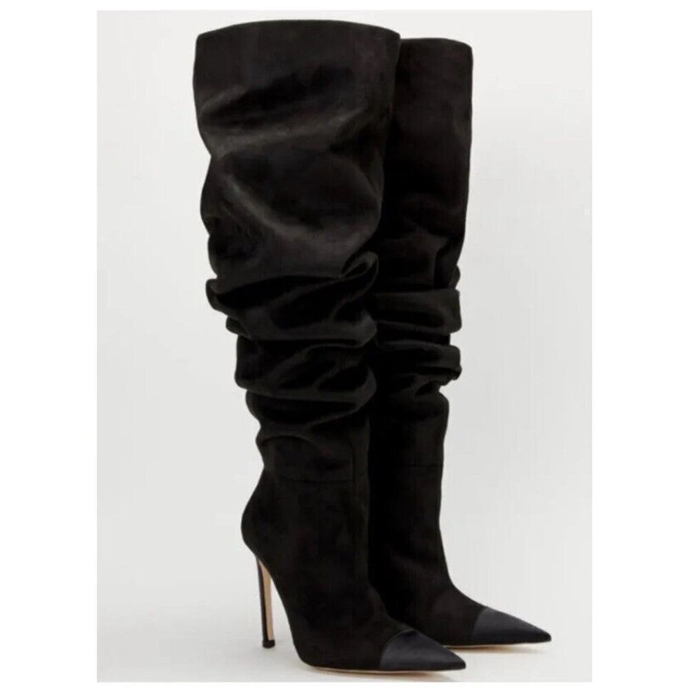 Good American Over The Knee Slouch Suede Boots Black Ga173k-X Women's 7.5 Nwob